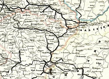 Mapa železníc v roku 1849.
