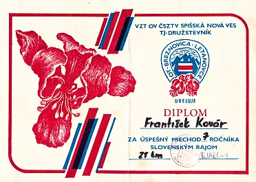 Diplom za prechod Slovenským rajom v 80. rokoch