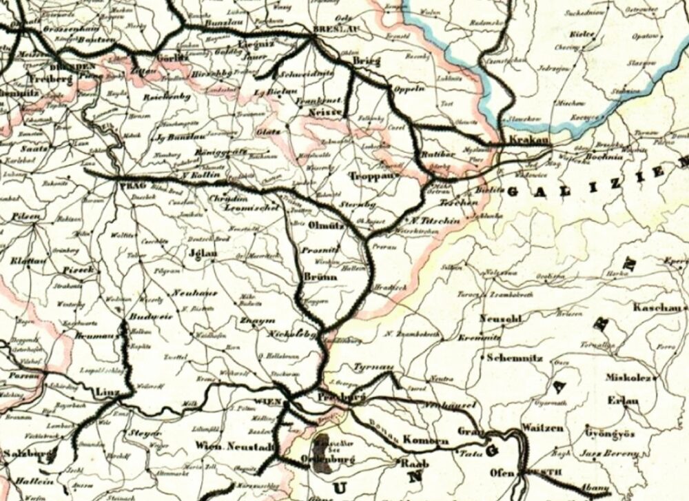 Mapa železníc v roku 1849.